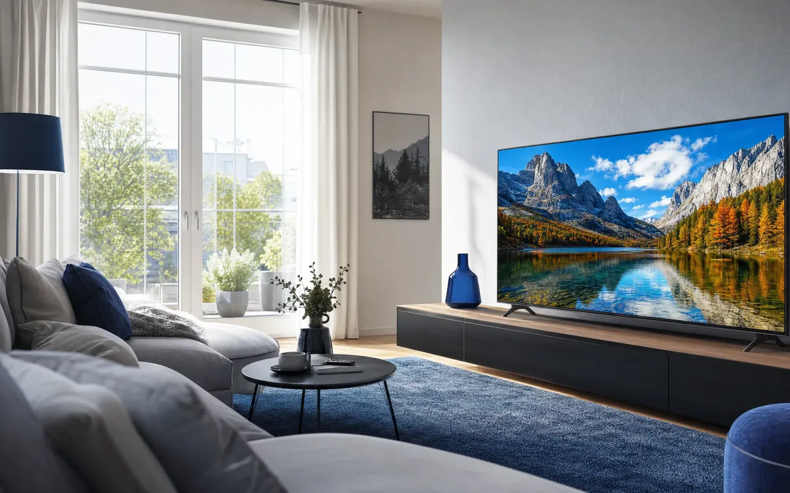 Heller, moderner deutscher Wohnraum am Tag mit großem Fernseher, der ein gestochen scharfes Live-Bild zeigt