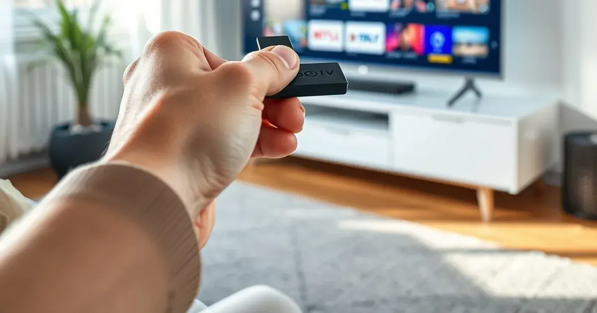 Hand steckt einen Streaming-Stick in den HDMI-Anschluss eines hellen Fernsehers