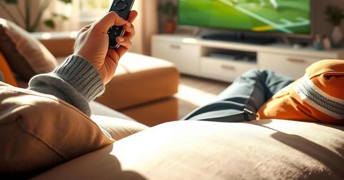 Person vergleicht zu Hause im hellen Wohnzimmer eine Kabel-Fernbedienung mit einem Streaming-Stick, im Hintergrund läuft ein Fußballspiel auf dem Fernseher